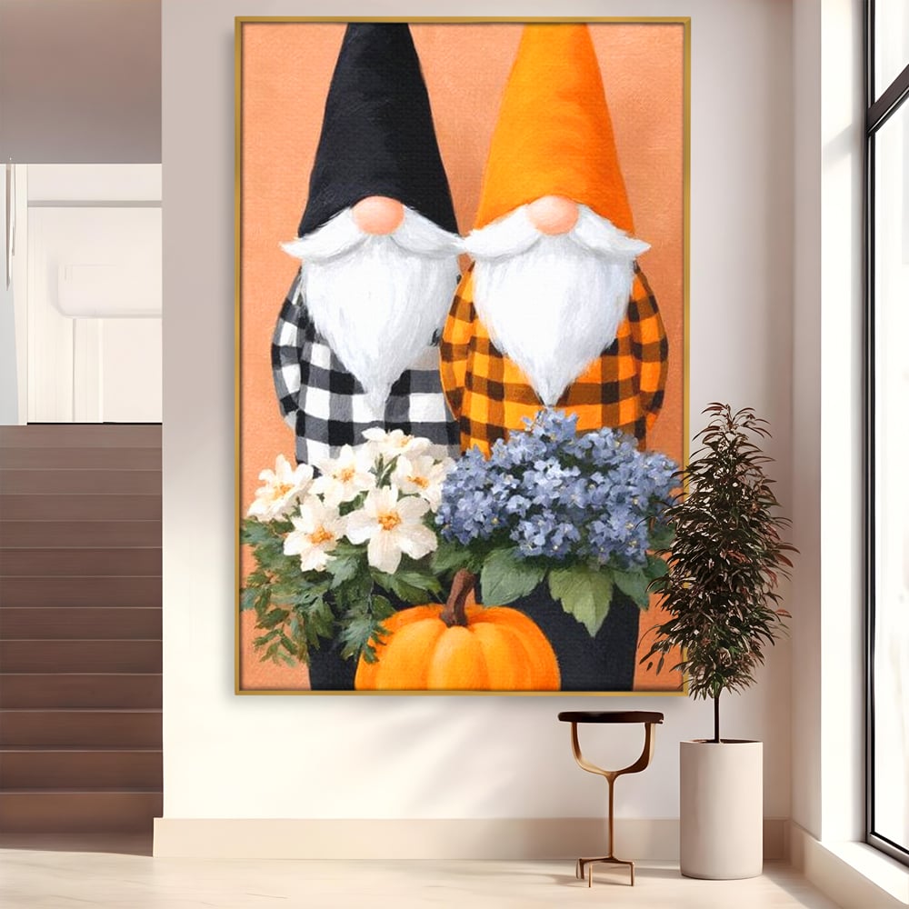 Tablou canvas cu ilustratie cu doi gnomi si dovleac, in rama de aluminiu auriu