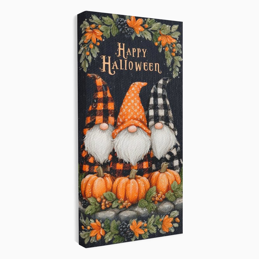 Tablou canvas cu ilustratie cu trei gnomi de halloween, fara rama, pe sasiu de lemn
