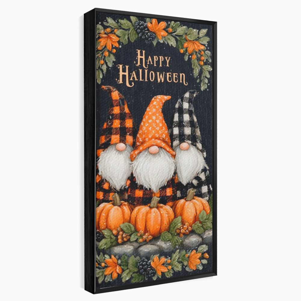 Tablou canvas cu ilustratie cu trei gnomi de halloween, in rama de aluminiu negru