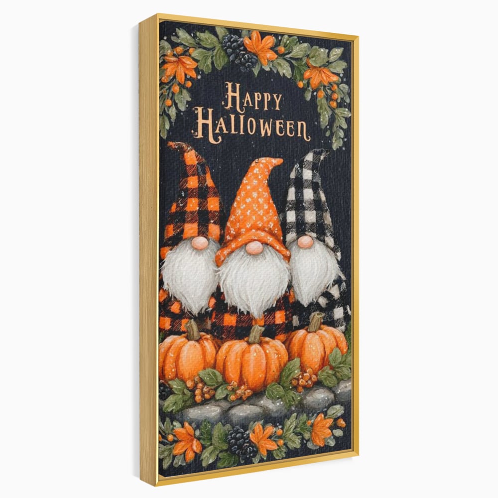 Tablou canvas cu ilustratie cu trei gnomi de halloween, in rama de aluminiu auriu