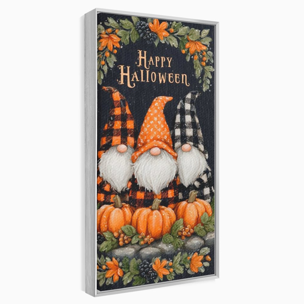Tablou canvas cu ilustratie cu trei gnomi de halloween, in rama de aluminiu argintiu