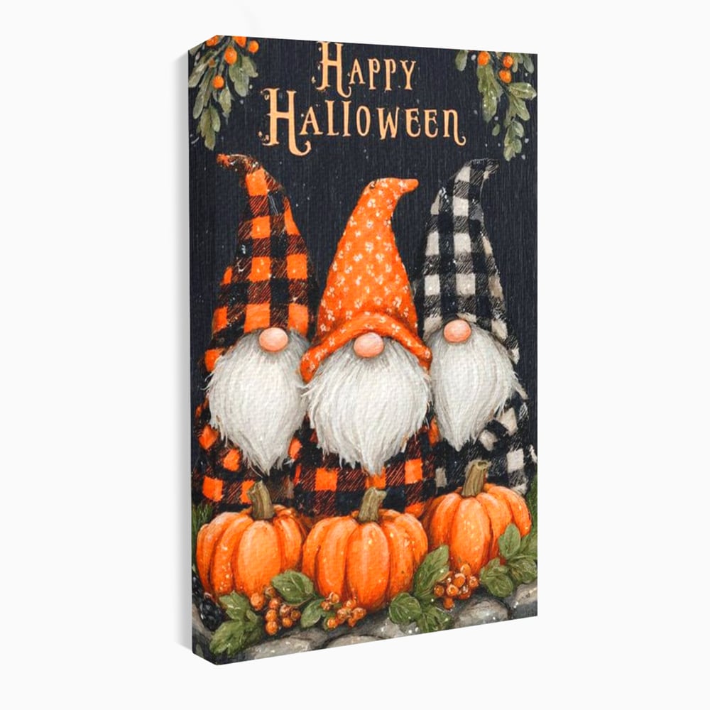 Tablou canvas cu ilustratie cu trei gnomi de halloween, fara rama, pe sasiu de lemn