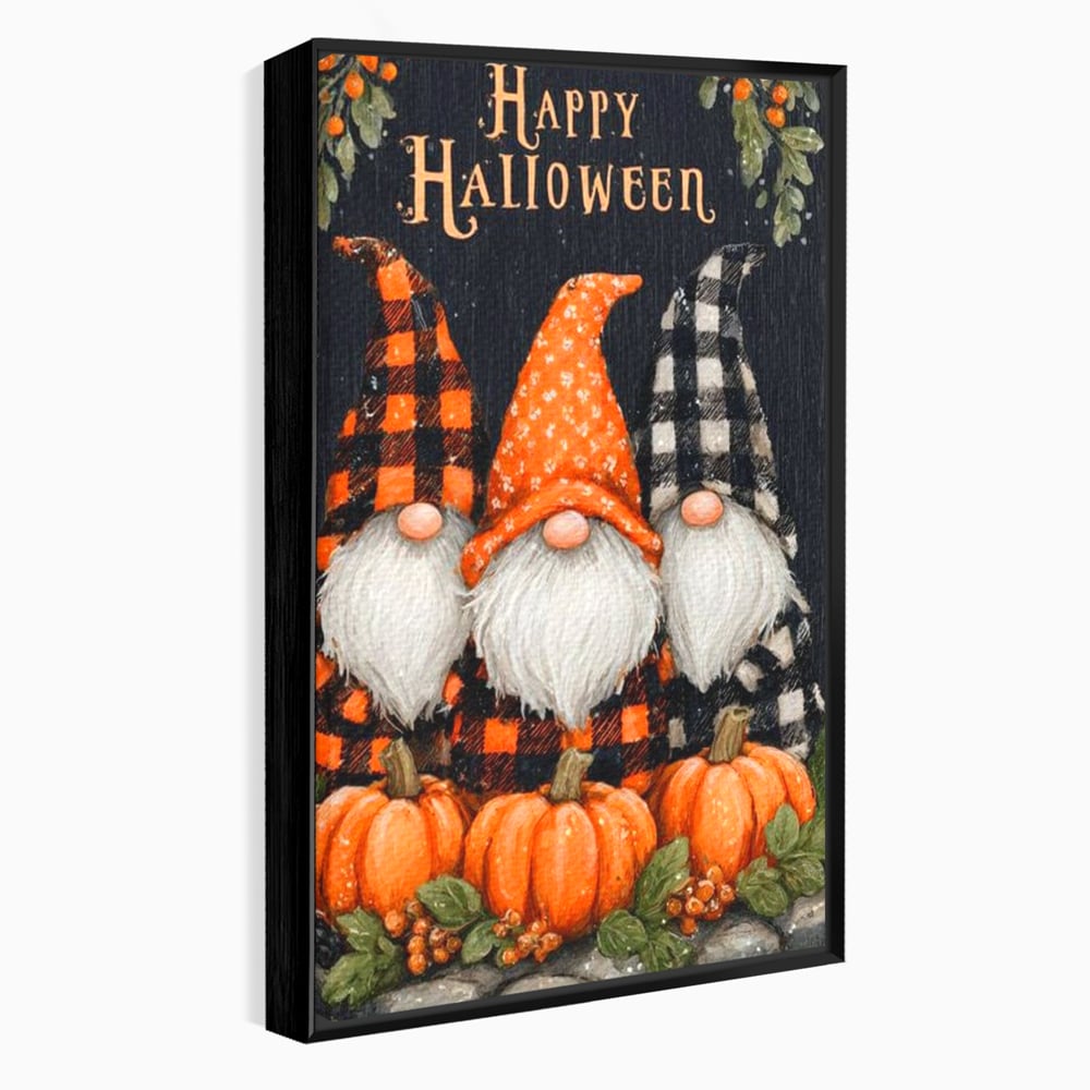 Tablou canvas cu ilustratie cu trei gnomi de halloween, in rama de aluminiu negru