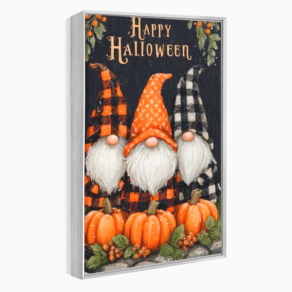 Tablou canvas cu ilustratie cu trei gnomi de halloween, in rama de aluminiu argintiu