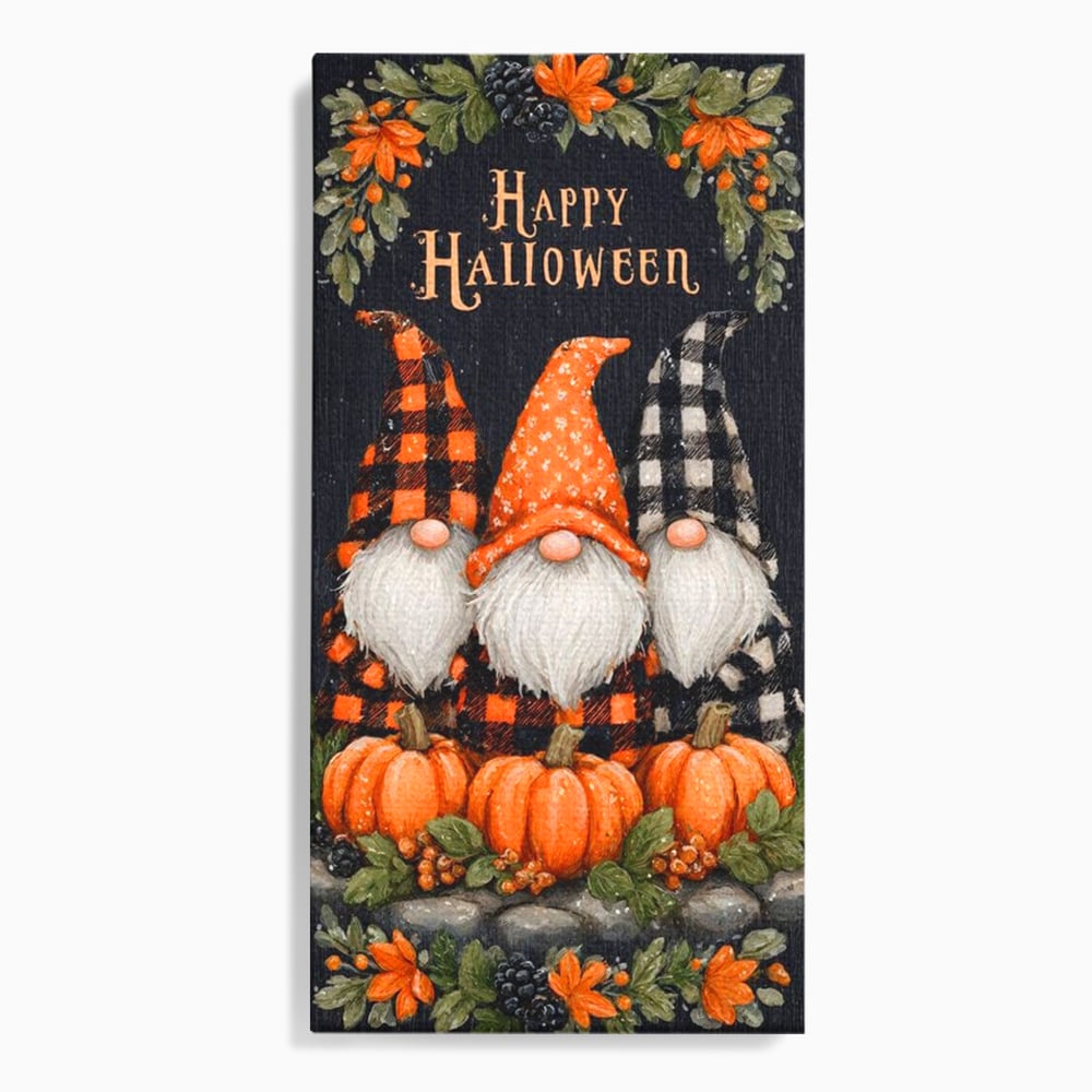 Tablou canvas cu ilustratie cu trei gnomi de halloween, fara rama, pe sasiu de lemn
