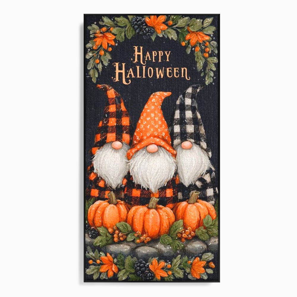 Tablou canvas cu ilustratie cu trei gnomi de halloween, in rama de aluminiu negru