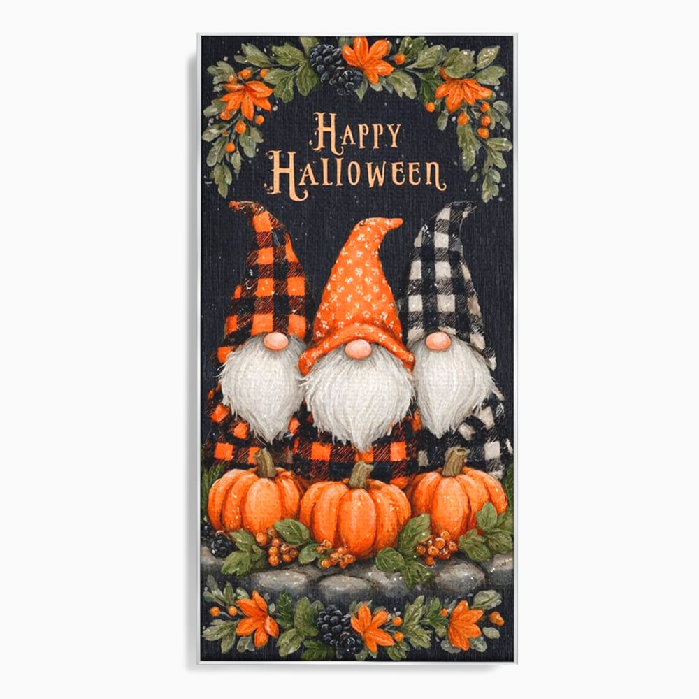 Tablou canvas cu ilustratie cu trei gnomi de halloween, in rama de aluminiu argintiu