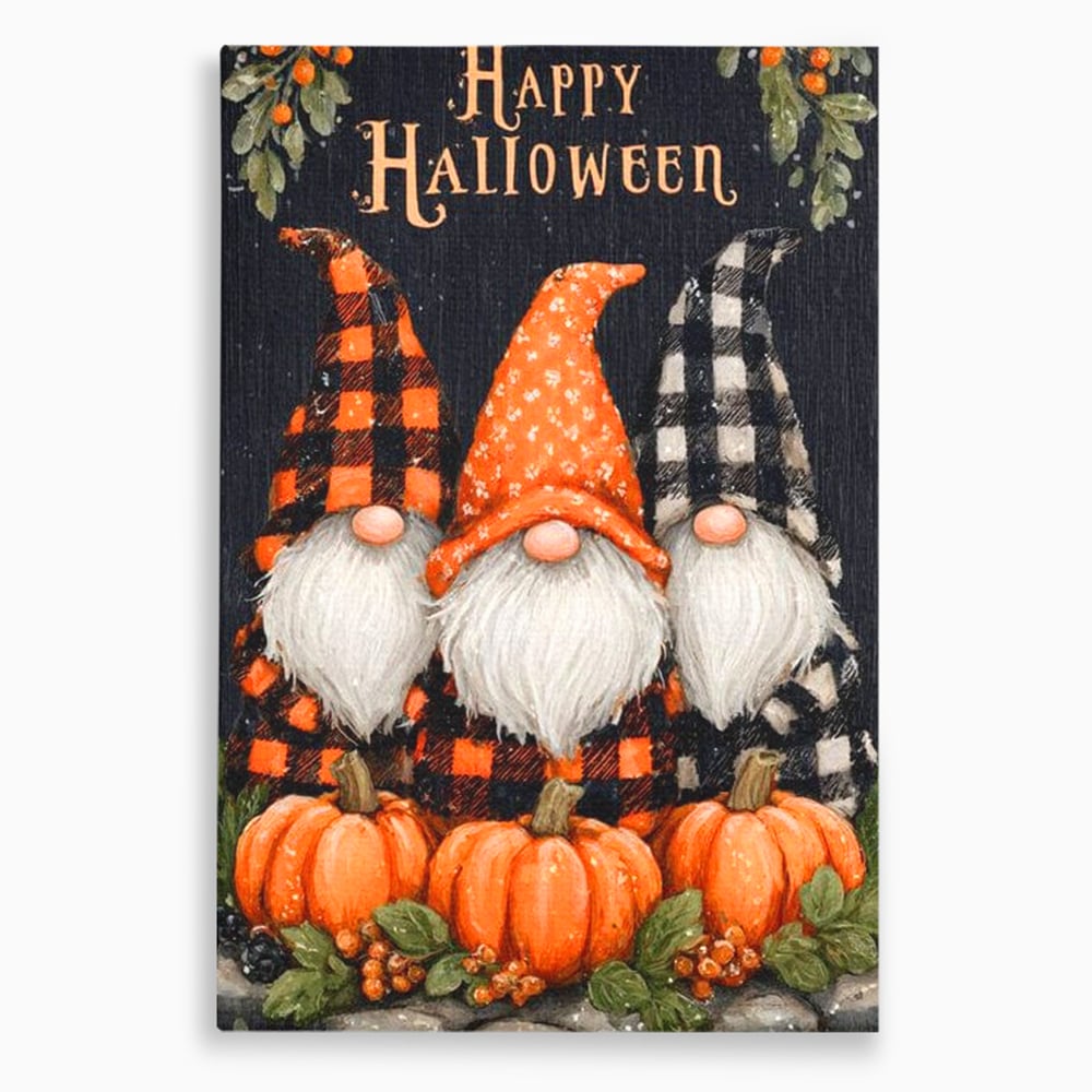 Tablou canvas cu ilustratie cu trei gnomi de halloween, fara rama, pe sasiu de lemn