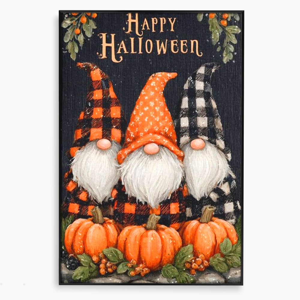 Tablou canvas cu ilustratie cu trei gnomi de halloween, in rama de aluminiu negru