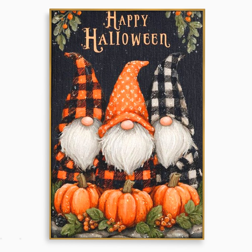 Tablou canvas cu ilustratie cu trei gnomi de halloween, in rama de aluminiu auriu