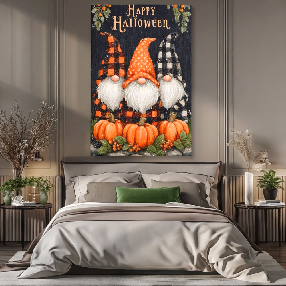 Tablou canvas cu ilustratie cu trei gnomi de halloween, fara rama, pe sasiu de lemn, pe perete intr-un dormitor