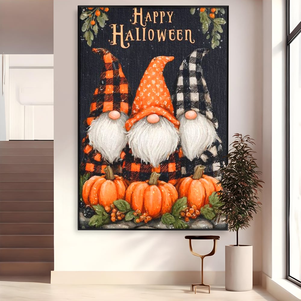 Tablou canvas cu ilustratie cu trei gnomi de halloween, in rama de aluminiu negru