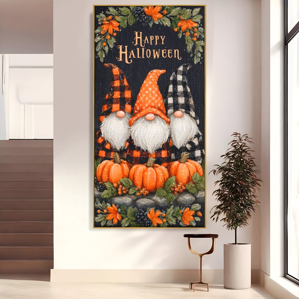 Tablou canvas cu ilustratie cu trei gnomi de halloween, in rama de aluminiu auriu