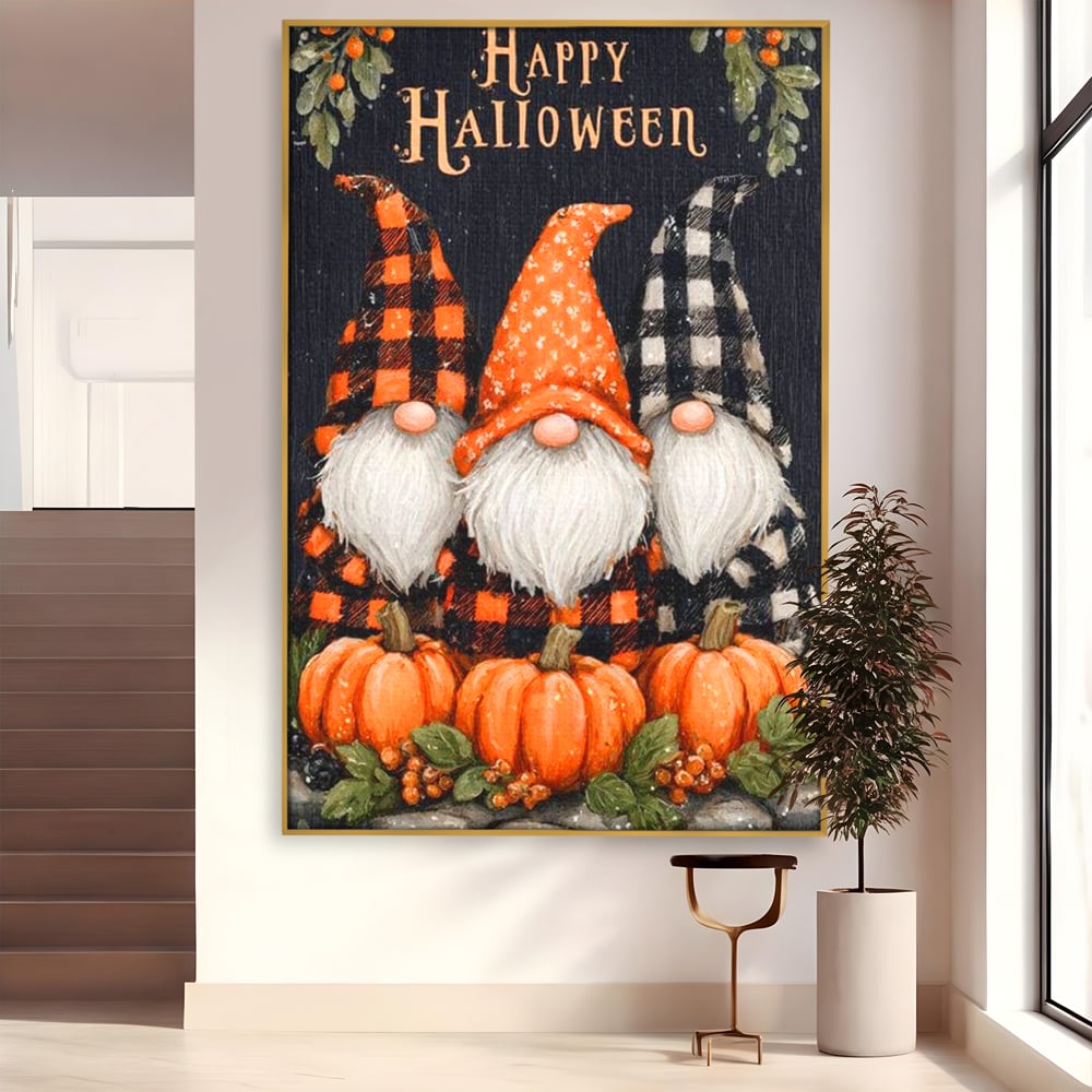 Tablou canvas cu ilustratie cu trei gnomi de halloween, in rama de aluminiu auriu