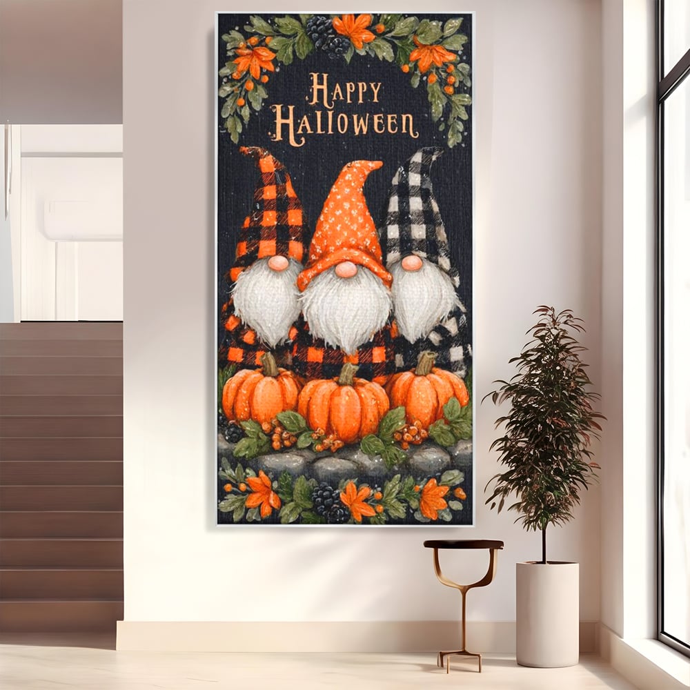 Tablou canvas cu ilustratie cu trei gnomi de halloween, in rama de aluminiu argintiu