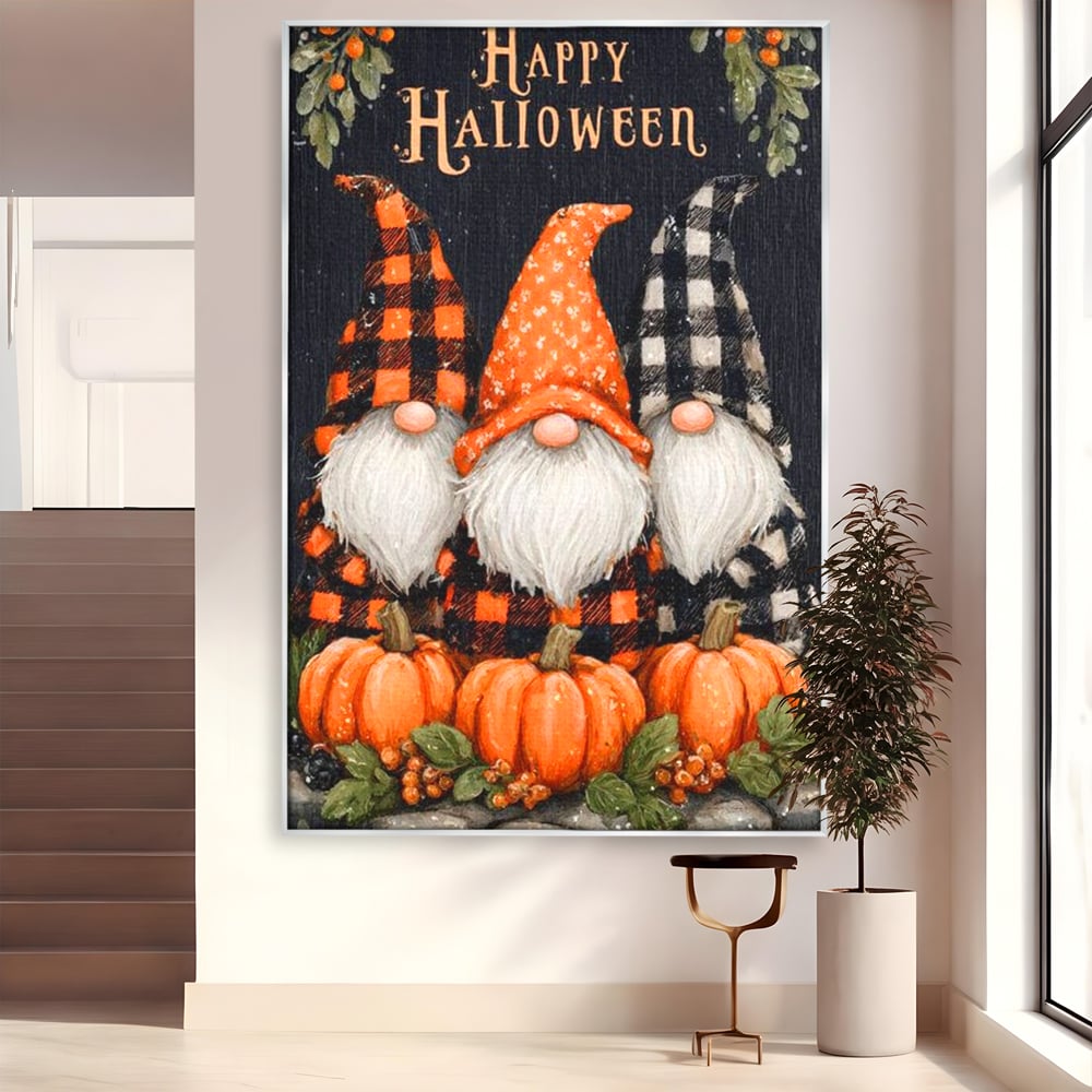 Tablou canvas cu ilustratie cu trei gnomi de halloween, in rama de aluminiu argintiu