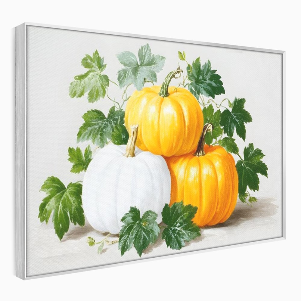 Tablou canvas cu pictura decorativa cu trei dovleci, in rama de aluminiu argintiu