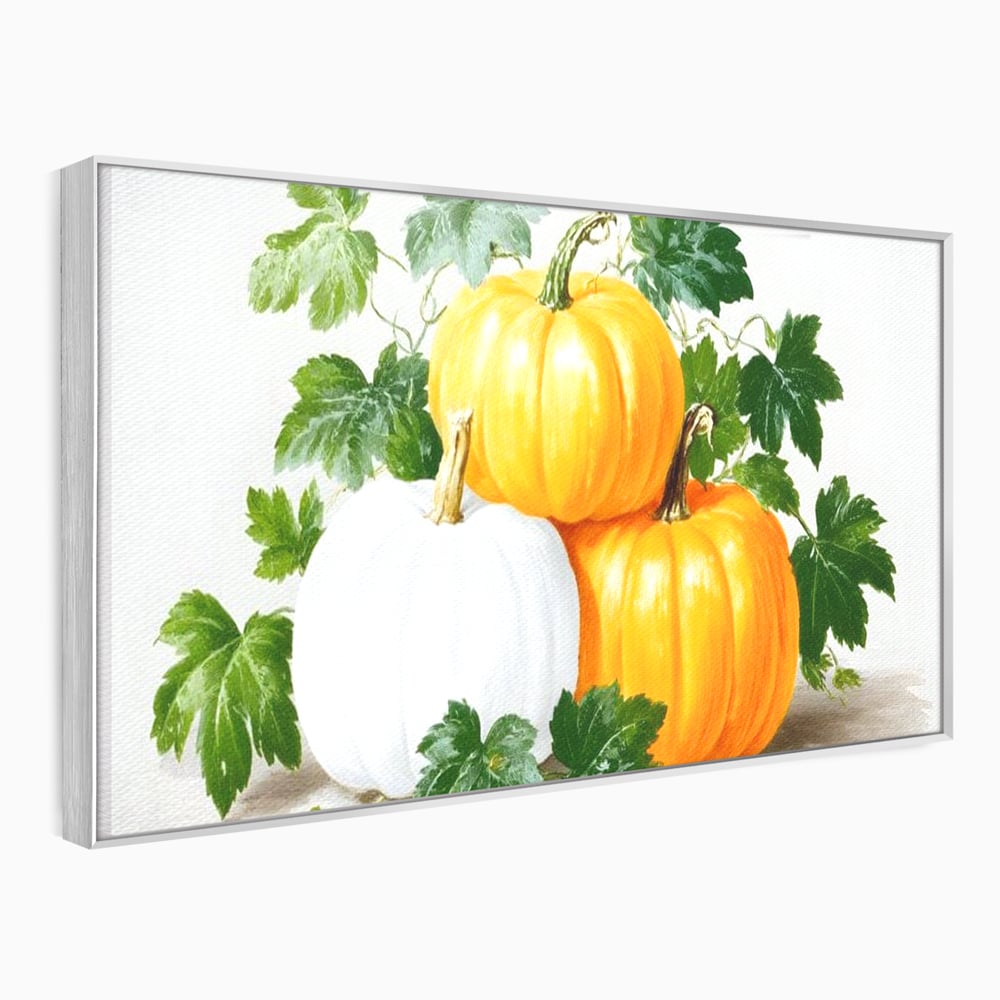Tablou canvas cu pictura decorativa cu trei dovleci, in rama de aluminiu argintiu