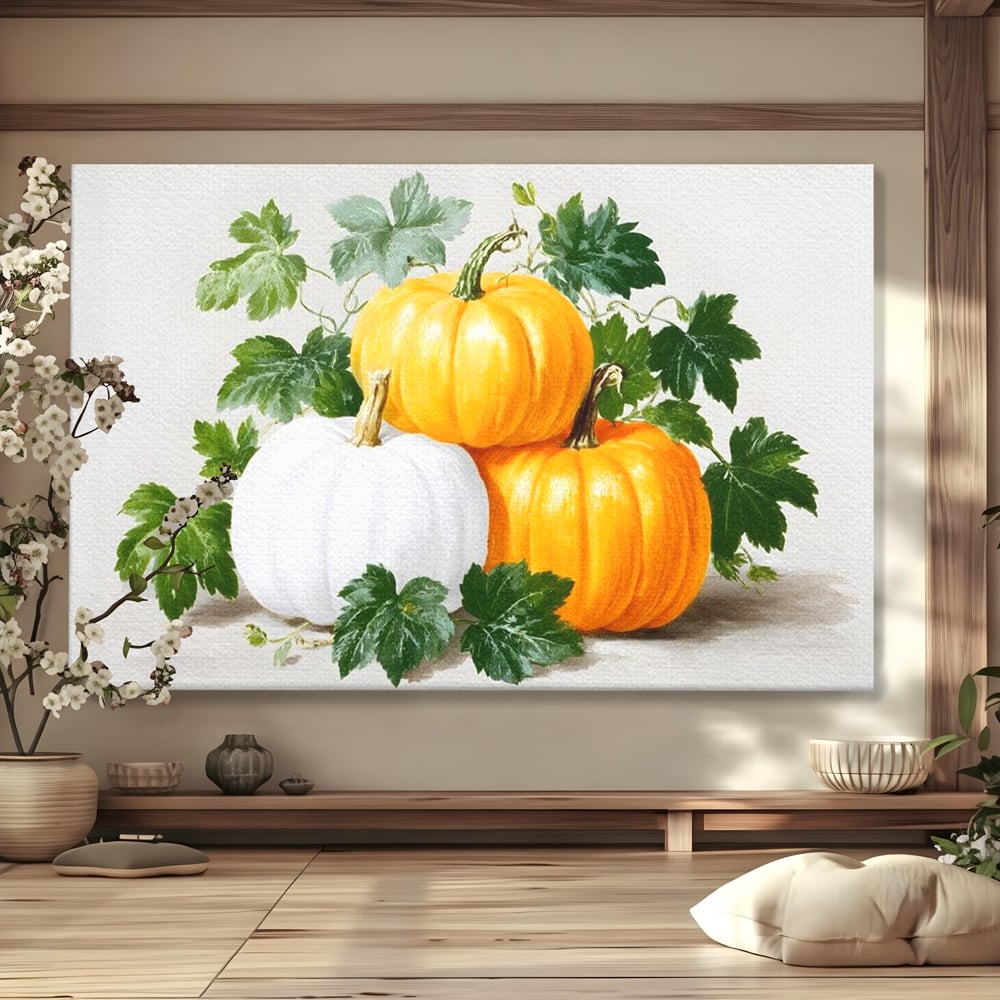 Tablou canvas cu pictura decorativa cu trei dovleci, fara rama, pe sasiu de lemn