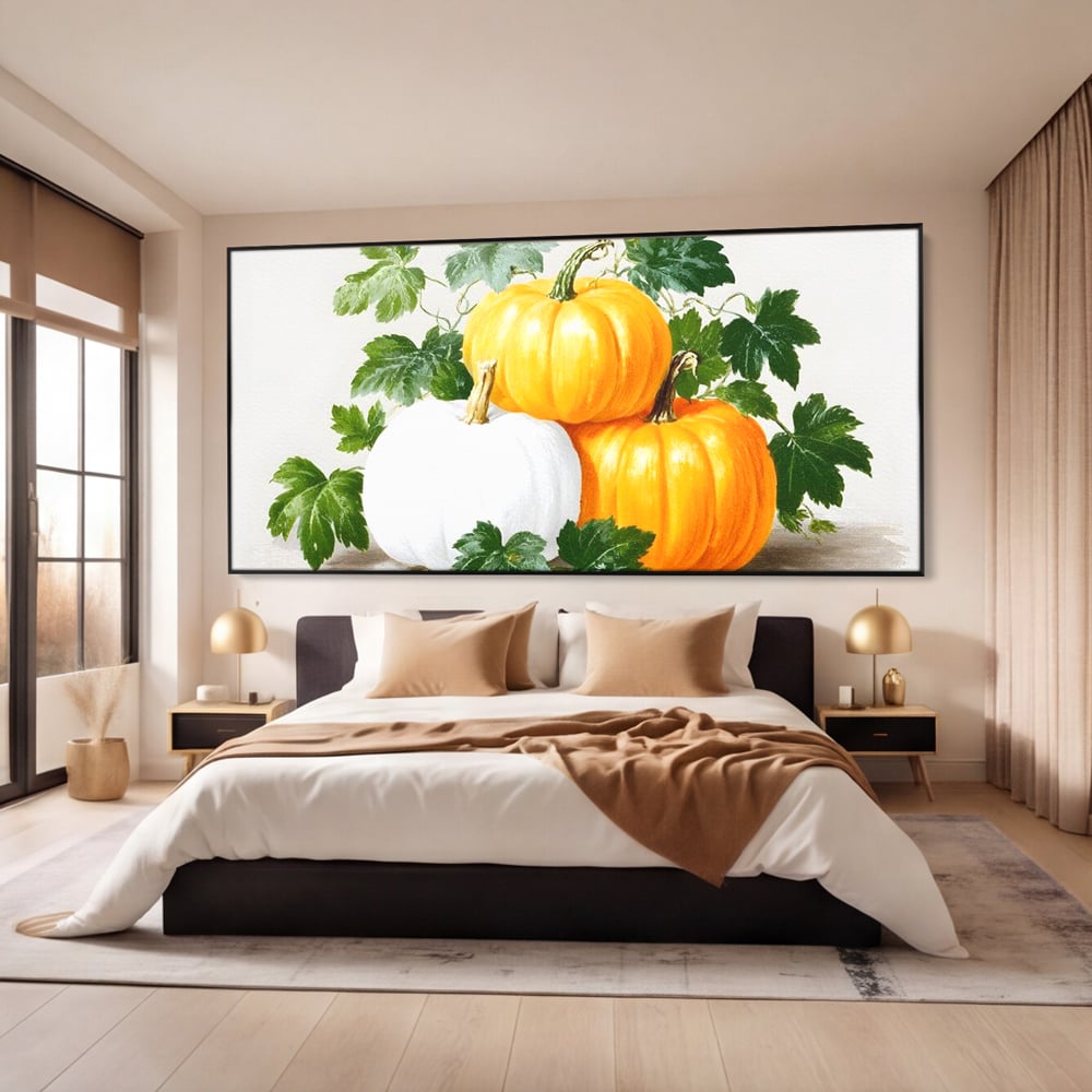 Tablou canvas cu pictura decorativa cu trei dovleci, in rama de aluminiu negru, pe perete intr-un dormitor