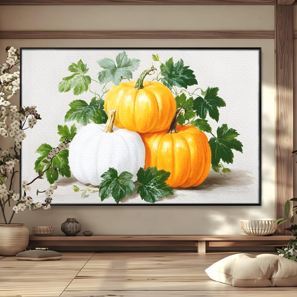Tablou canvas cu pictura decorativa cu trei dovleci, in rama de aluminiu negru