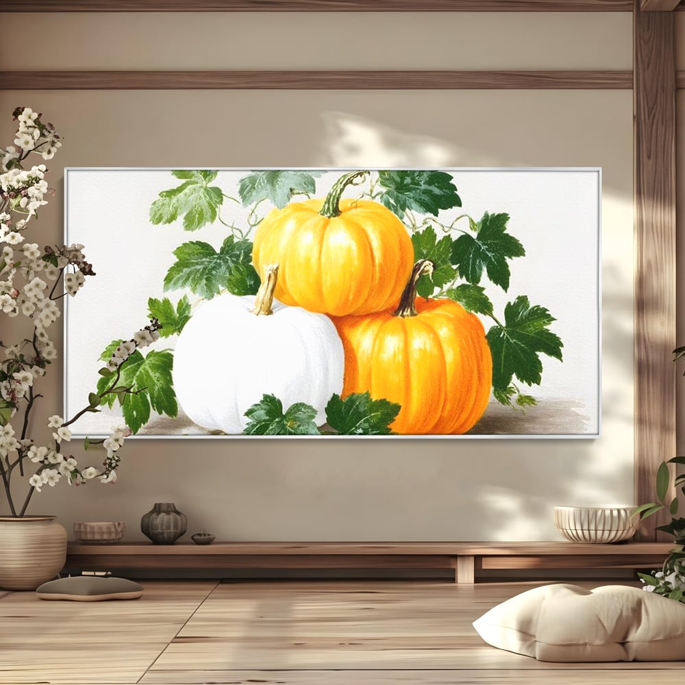 Tablou canvas cu pictura decorativa cu trei dovleci, in rama de aluminiu argintiu
