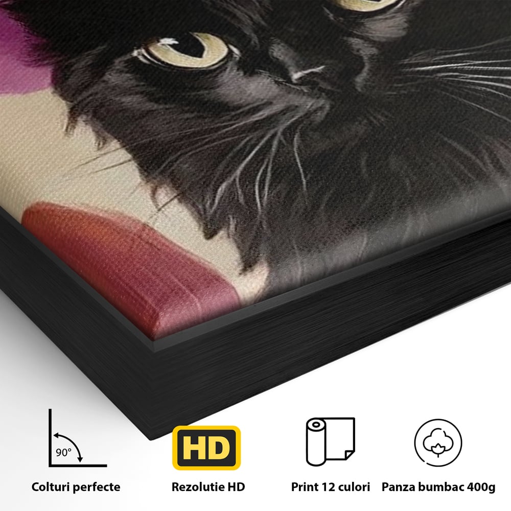 Detaliu al suprafetei: tablou canvas cu pisica neagra si palarie, in rama de aluminiu negru