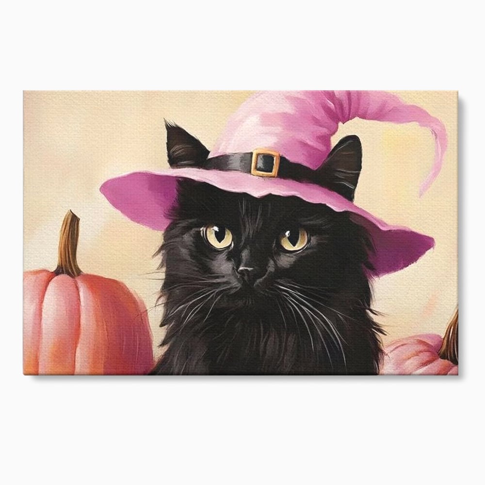 Tablou canvas cu tablou canvas cu pisica neagra si palarie, fara rama, pe sasiu de lemn