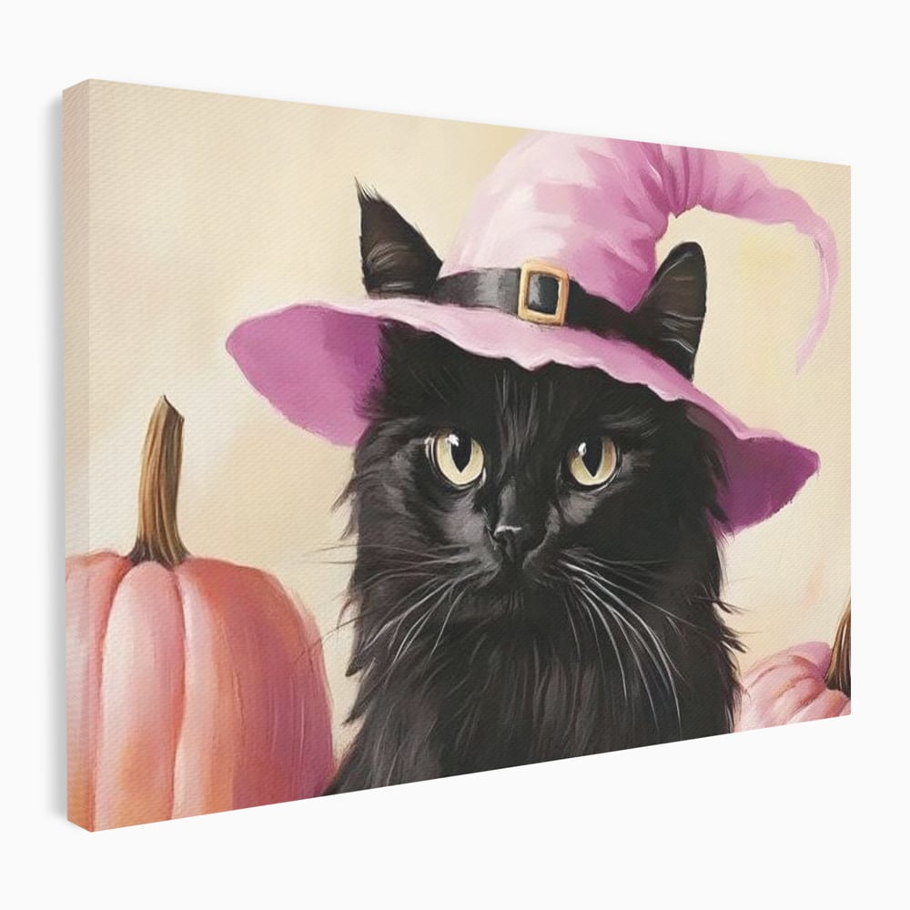 Tablou canvas cu tablou canvas cu pisica neagra si palarie, fara rama, pe sasiu de lemn