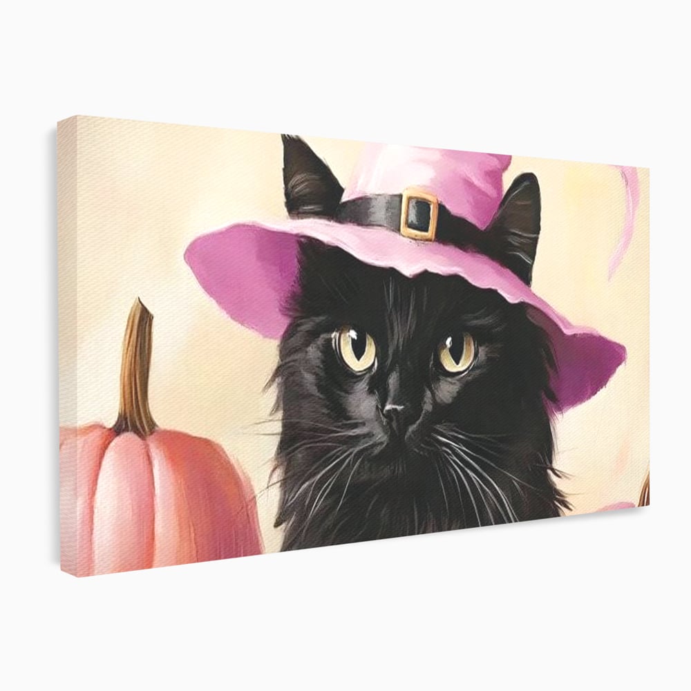 Tablou canvas cu tablou canvas cu pisica neagra si palarie, fara rama, pe sasiu de lemn