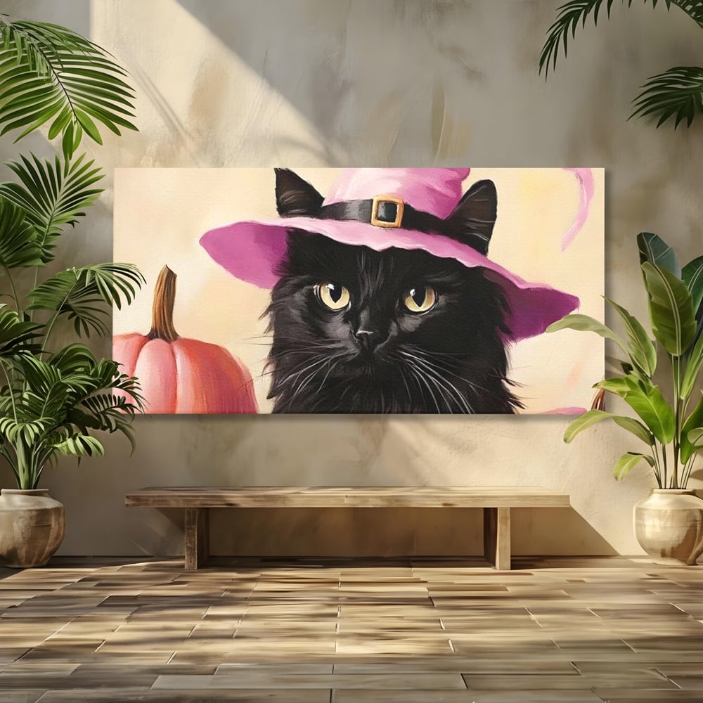 Tablou canvas cu tablou canvas cu pisica neagra si palarie, fara rama, pe sasiu de lemn