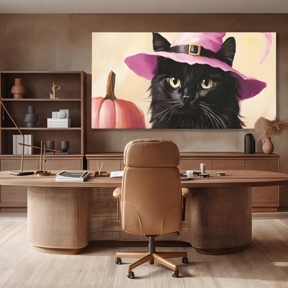 Tablou canvas cu tablou canvas cu pisica neagra si palarie, fara rama, pe sasiu de lemn, pe perete intr-un birou