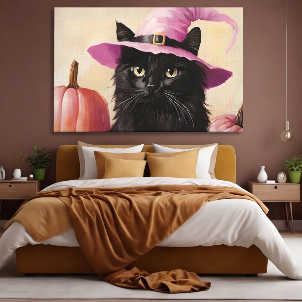 Tablou canvas cu tablou canvas cu pisica neagra si palarie, fara rama, pe sasiu de lemn, pe perete intr-un dormitor