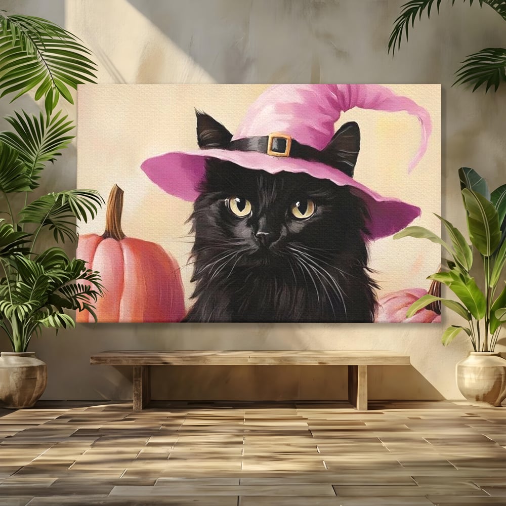 Tablou canvas cu tablou canvas cu pisica neagra si palarie, fara rama, pe sasiu de lemn