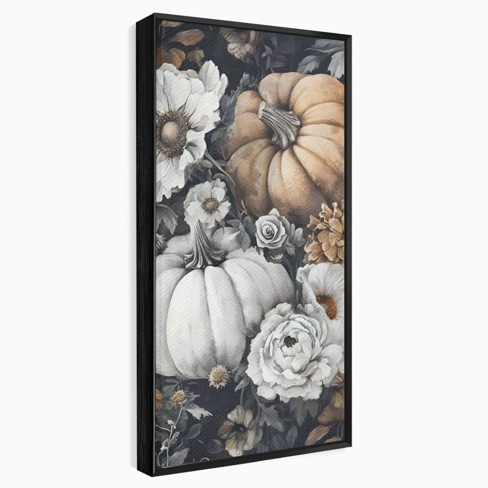 Tablou canvas cu ilustratie cu dovleci si flori de toamna, in rama de aluminiu negru