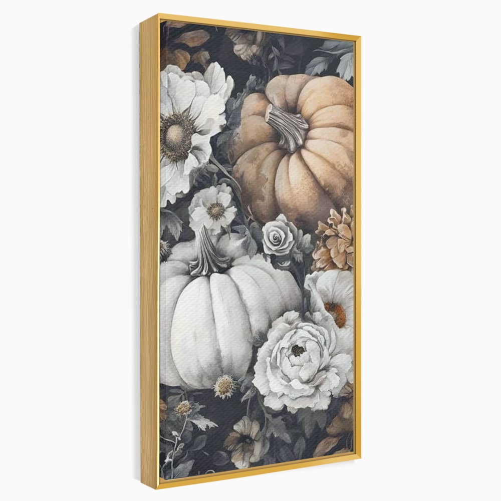 Tablou canvas cu ilustratie cu dovleci si flori de toamna, in rama de aluminiu auriu