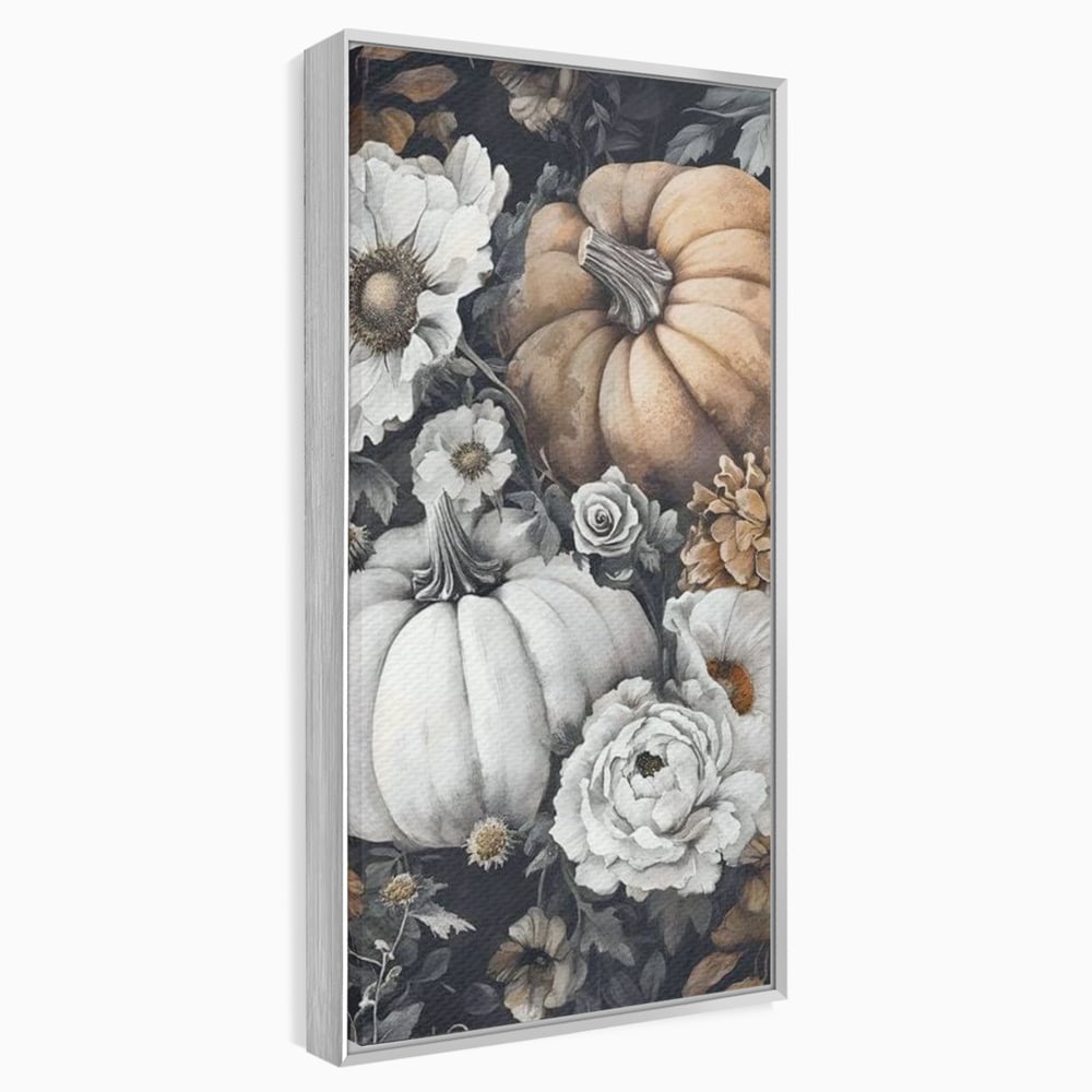 Tablou canvas cu ilustratie cu dovleci si flori de toamna, in rama de aluminiu argintiu