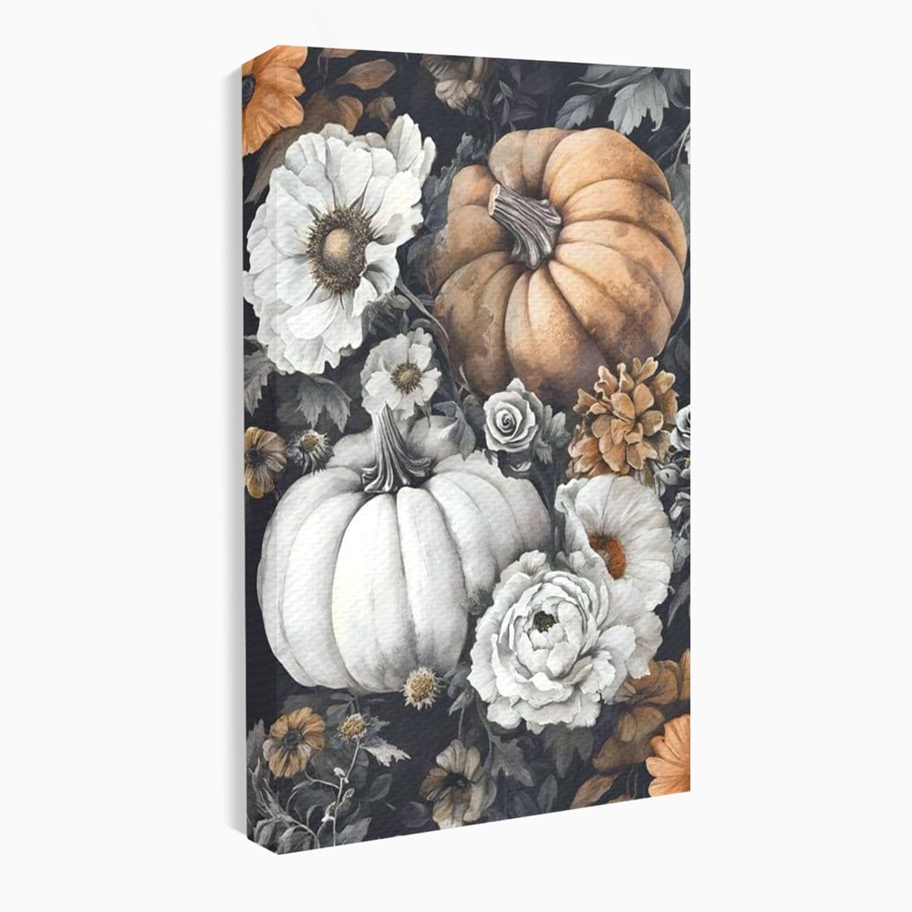Tablou canvas cu ilustratie cu dovleci si flori de toamna, fara rama, pe sasiu de lemn
