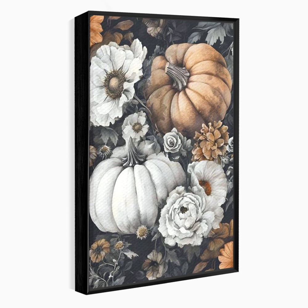 Tablou canvas cu ilustratie cu dovleci si flori de toamna, in rama de aluminiu negru