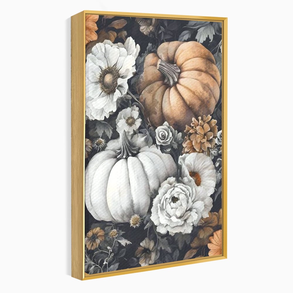Tablou canvas cu ilustratie cu dovleci si flori de toamna, in rama de aluminiu auriu