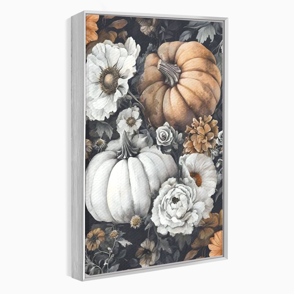 Tablou canvas cu ilustratie cu dovleci si flori de toamna, in rama de aluminiu argintiu