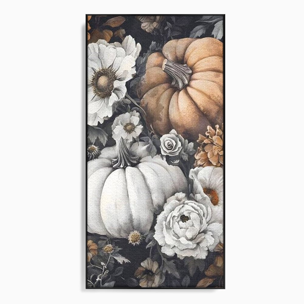 Tablou canvas cu ilustratie cu dovleci si flori de toamna, in rama de aluminiu negru