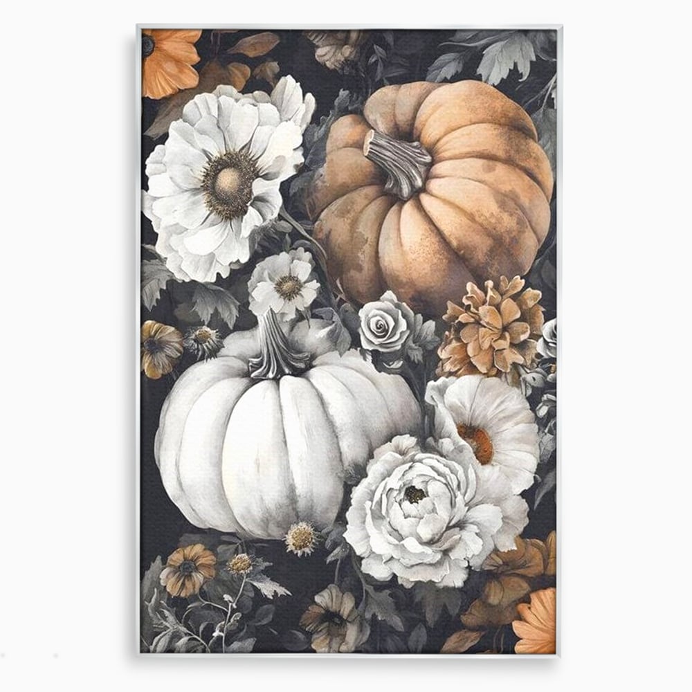Tablou canvas cu ilustratie cu dovleci si flori de toamna, in rama de aluminiu argintiu
