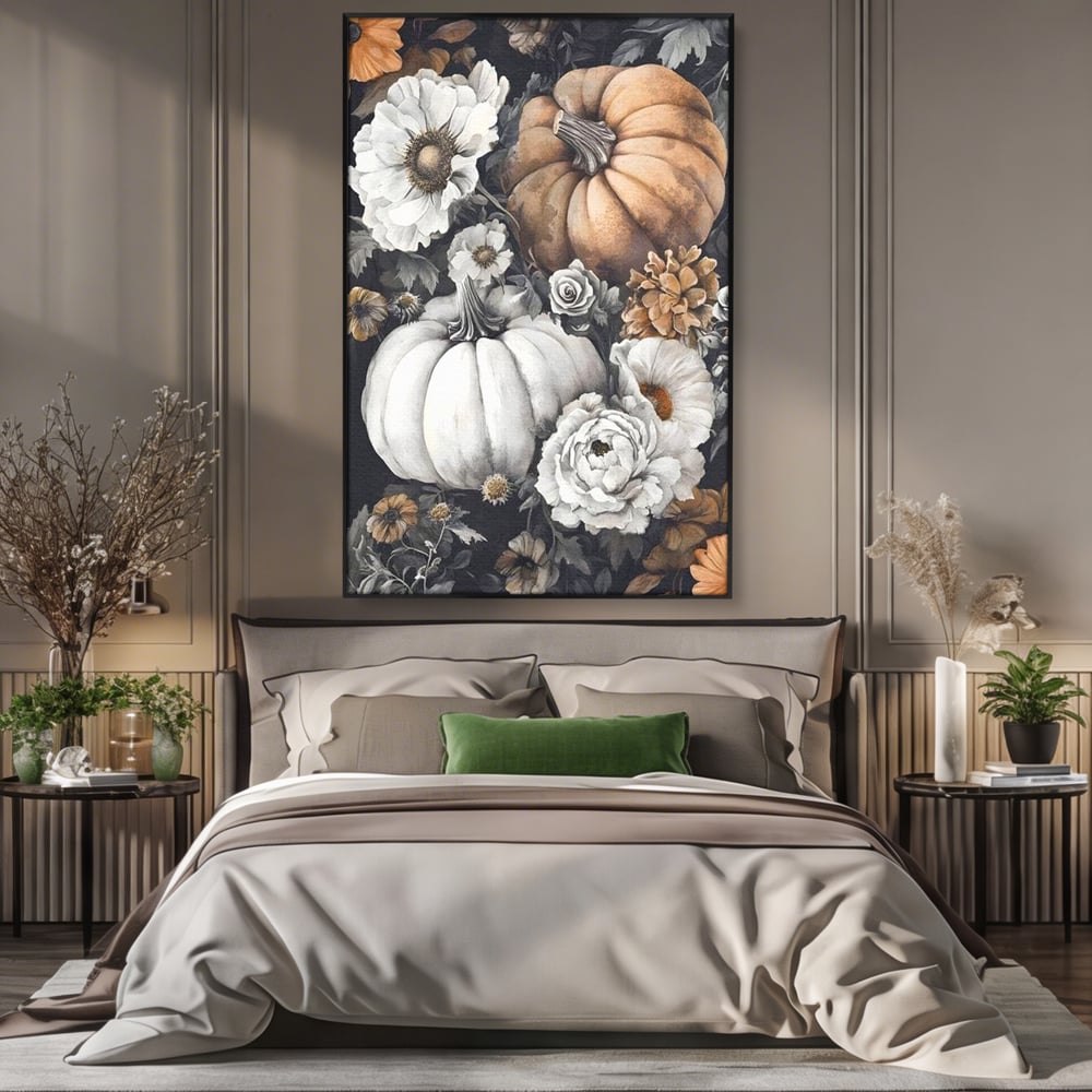 Tablou canvas cu ilustratie cu dovleci si flori de toamna, in rama de aluminiu negru, pe perete intr-un dormitor