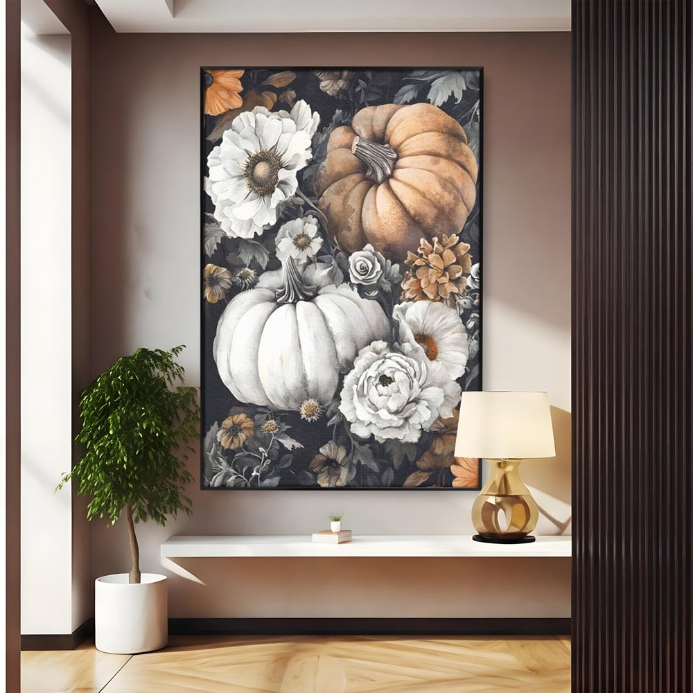 Tablou canvas cu ilustratie cu dovleci si flori de toamna, in rama de aluminiu negru