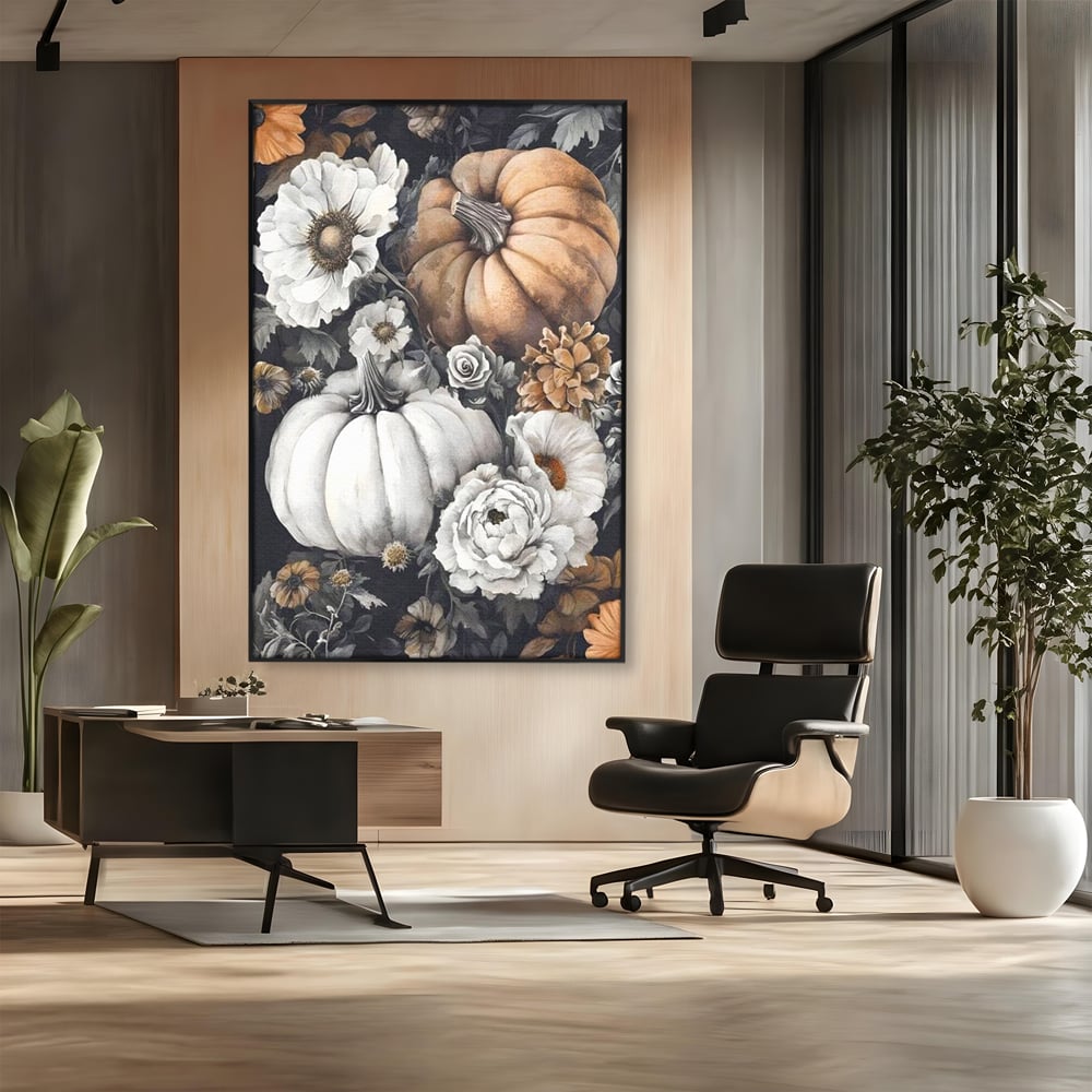 Tablou canvas cu ilustratie cu dovleci si flori de toamna, in rama de aluminiu negru, pe perete intr-un birou