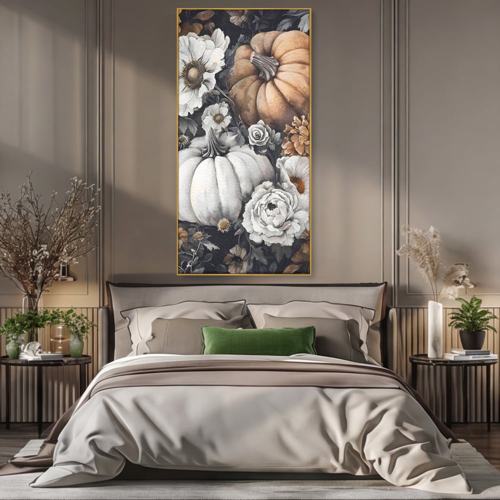 Tablou canvas cu ilustratie cu dovleci si flori de toamna, in rama de aluminiu auriu, pe perete intr-un dormitor