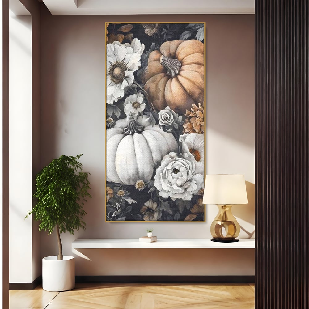 Tablou canvas cu ilustratie cu dovleci si flori de toamna, in rama de aluminiu auriu