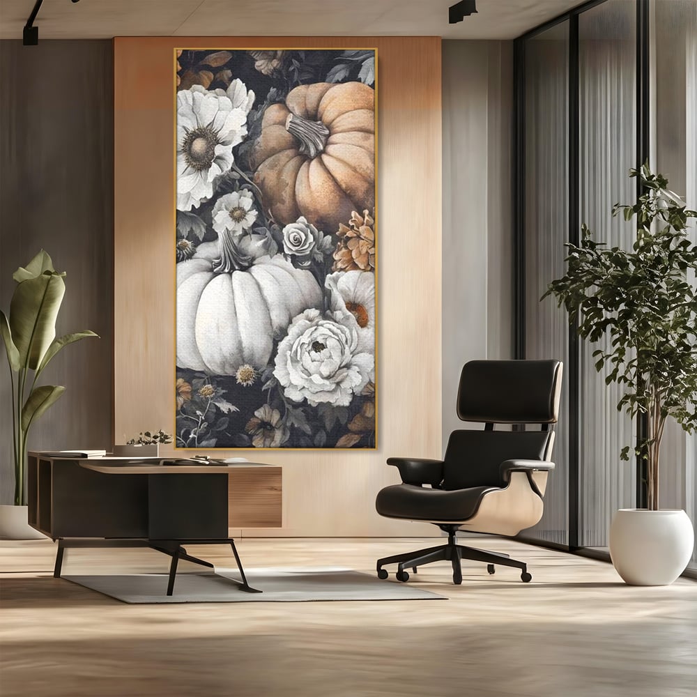Tablou canvas cu ilustratie cu dovleci si flori de toamna, in rama de aluminiu auriu, pe perete intr-un birou