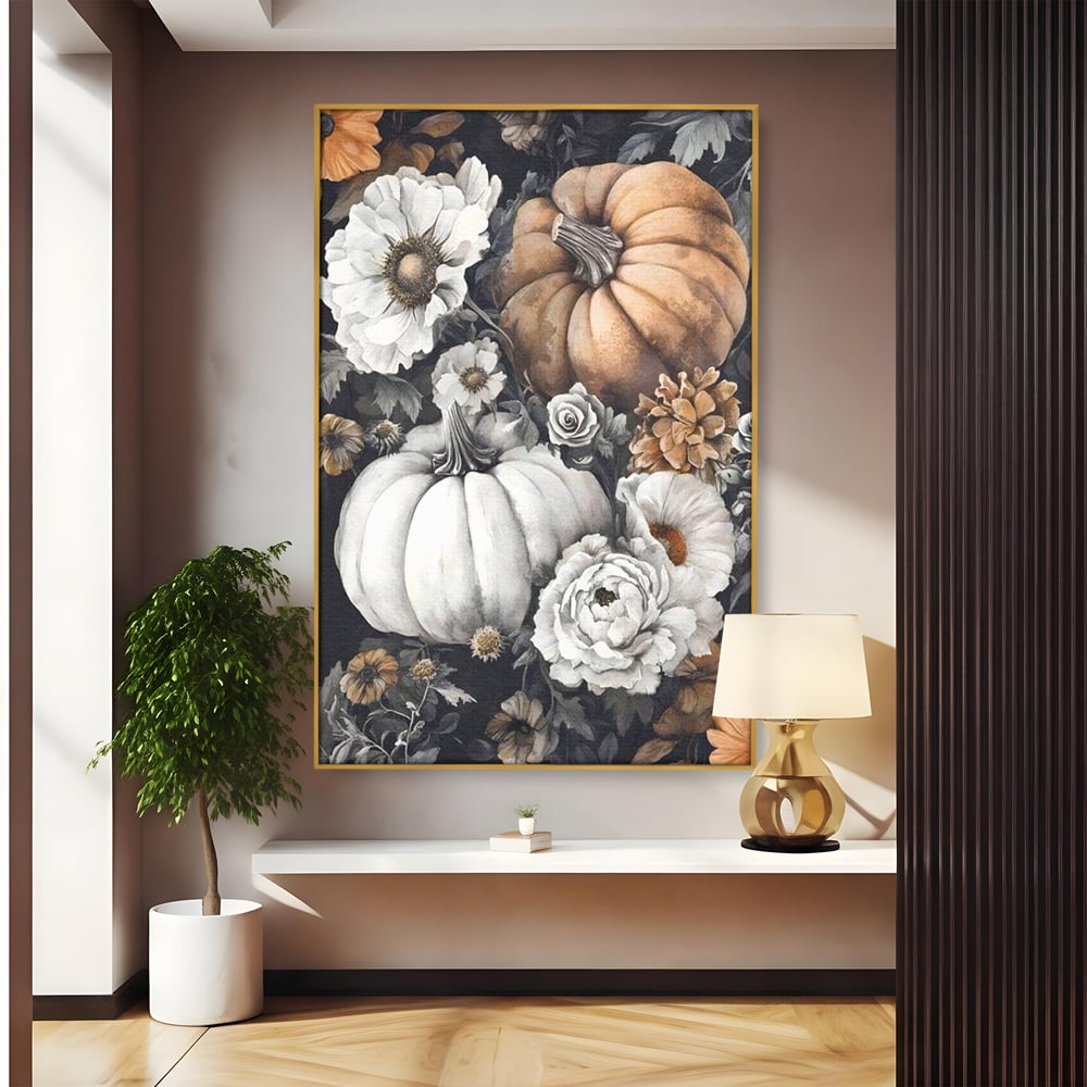 Tablou canvas cu ilustratie cu dovleci si flori de toamna, in rama de aluminiu auriu